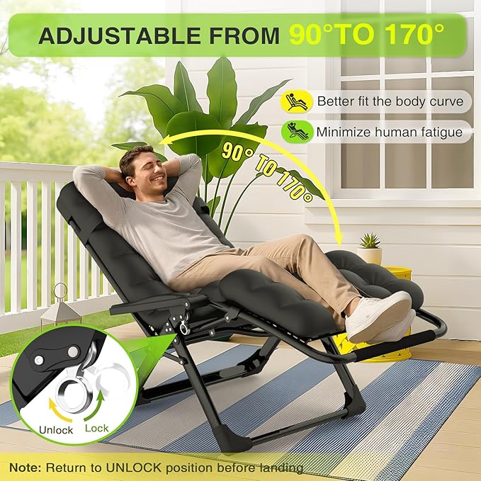 Suteck Zero Gravity Chair, Reclining Camping Lounge Chair w/Removable Cushion, Upgraded Lock and Cup Holder, Reclining Patio Chairs Folding Recliner for Indoor and Outdoor