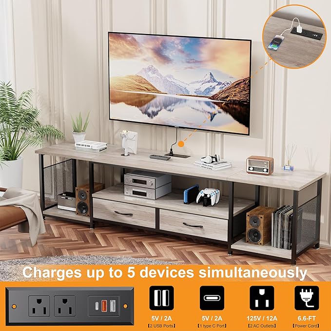 TV Stand with Drawers and Power Outlets for 75 70 65 Inch TV, Entertainment Center with Open Storage Shelves, Media Industrial TV Console Table for Living Room Bedroom Office, Greige