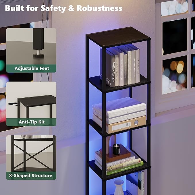 6-Tier Bookshelf, Tall Narrow Bookcase with LED Lights, Book Shelf with Steel Frame, Display Storage Shelf for Living Room, Bedroom, Home Office, Study, Balcony, Black