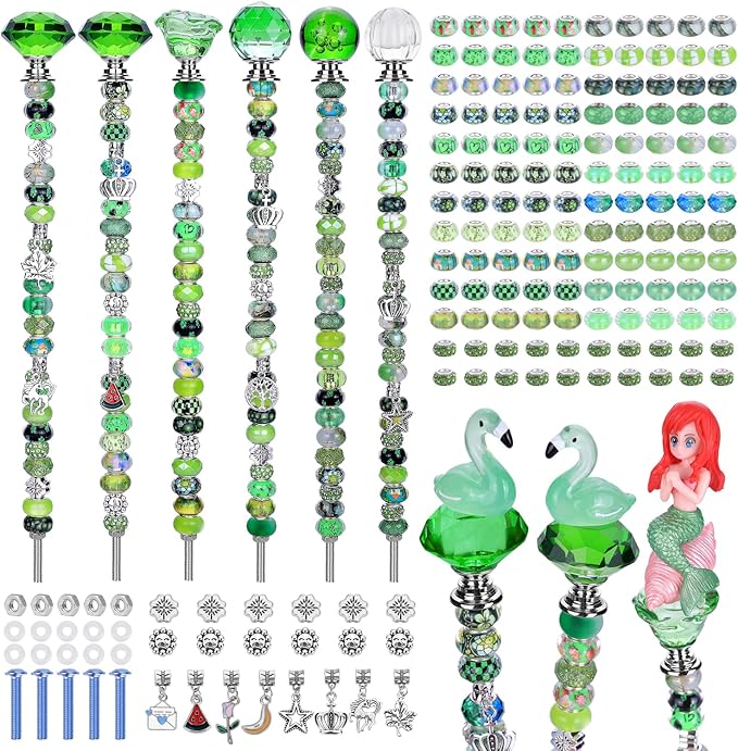 158 Pcs DIY Fairy Wand Garden Stakes Kit,Multiple Color Scheme European Beads Crystal Diamond Tops and 12 or 10 Inch Threaded Rods,Stainless Steel Stakes with Diamond Toppe (Peridot)
