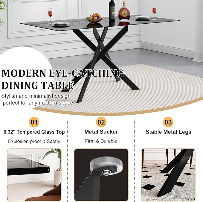 51.2" Black Glass Dining Table, Modern Kitchen Table for 4-6 People, Contemporary Rectangular Dining Room Dinner Tables with Black Glass Top & Black Metal X Legs for Kitchen Apartment