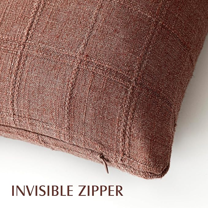 Foindtower Set of 2 Decorative Linen Check Throw Pillow Covers Neutral Farmhouse Vintage Cushion Covers Modern Boho Home Decor for Sofa Chair Couch Bedroom Living Room Outdoor,26×26 Inch,Autumnal Red