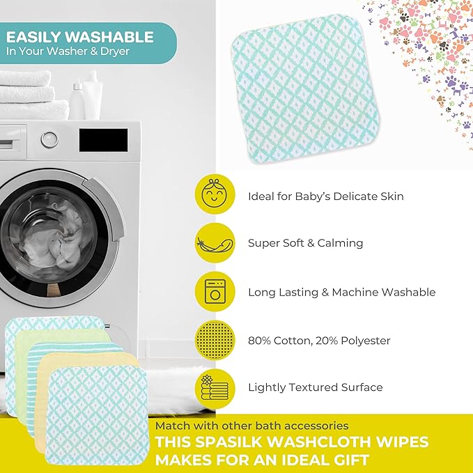 Spasilk Washcloth Wipes Set for Newborn Boys and Girls, Soft Terry Washcloth Set, Pack of 20, Green Diamonds
