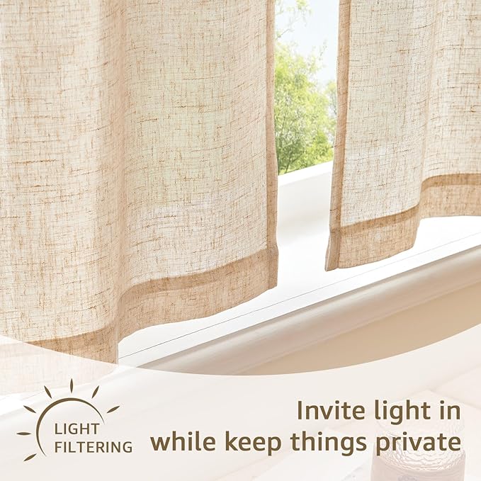 jinchan Linen Tie Top Curtains 36 Inch Length Farmhouse Cafe Curtains Set of 2 for Bedroom Bathroom Rustic Small Windows Light Filtering Crude Panels with Blue Ties