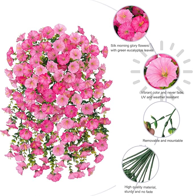 Ivydale 2 PCS Artificial Hanging Flowers Fake Plants Outdoor,Silk Morning Glory Faux Flowers with Eucalyptus Leaves,UV Resistant Realistic Hanging Plants for Home Garden Decor (Pink+Light Pink)