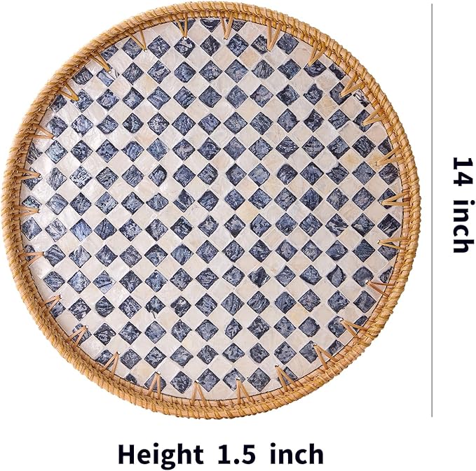 Round Rattan Tray with Mother of Pearl Inlay, Rattan Serving Tray with Wooden Base, Decorative Wicker Basket for Table Decor, Storage and Display of Coffee Bread Food Fruit (Checkerboard 13.5")