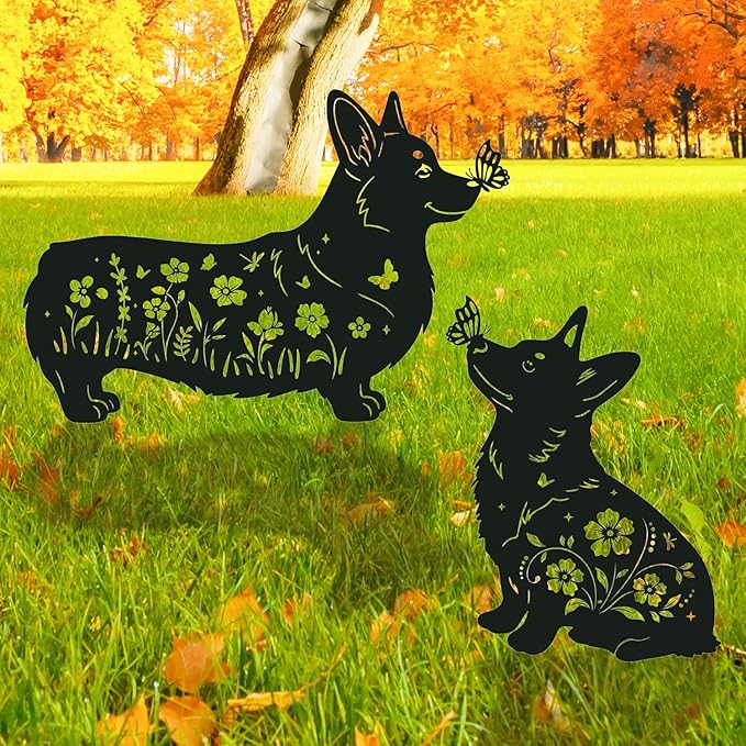 Corgi Metal Garden Stakes Yard Decor, 2PCS Black Corgi Dog Silhouette Statues Garden Decorative Gifts for Yard Art, Patio, Outside, Lawn Ornaments, Dachshund Outdoor, Yard Art
