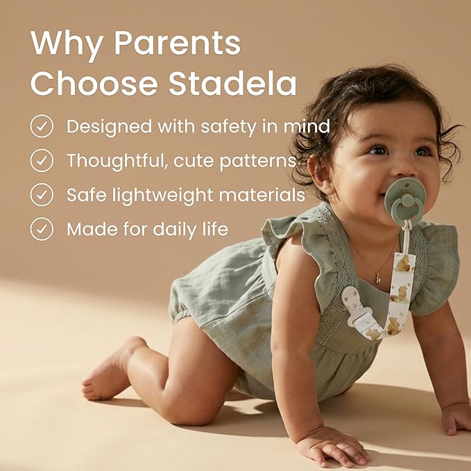 Stadela Baby Fabric Pacifier Clip Holder, Plastic Clip, 4‑Pack, Western Pattern, Jolene Set