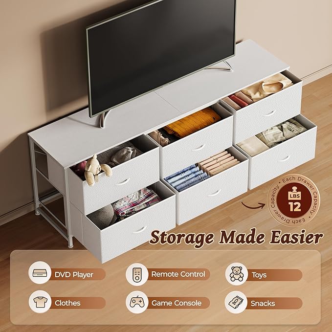 Huuger 63 Inch Long Dresser for Bedroom, Wide TV Stand for 55, 65, 70 Inch TV, 6 Drawer Dresser for Closet with Fabric Drawers, Storage Organizer for Bedroom, Entryway, PU Leather, White