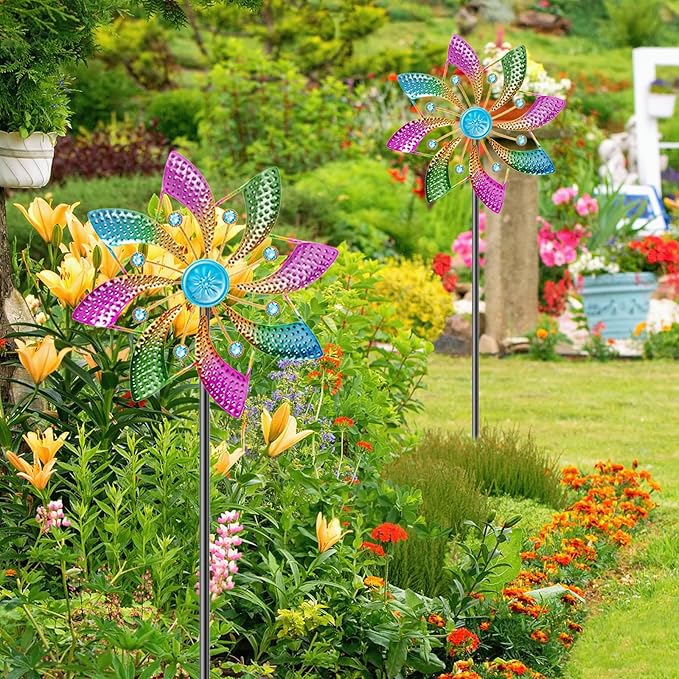 Wind Spinner Outdoor, Standing Wind Sculpture Yard Art Decorations, Metal Windmill for Patio Lawn & Garden Decor (B-Colorful-2PCS)