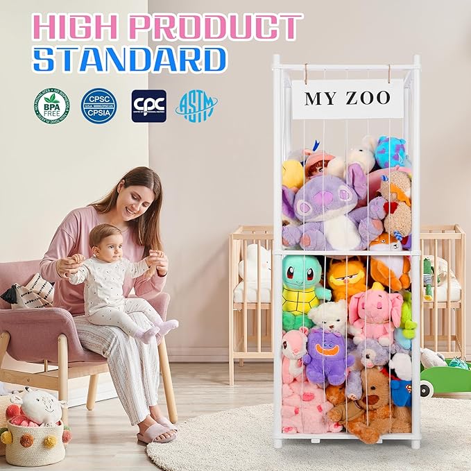 Stuffed Animal Storage Zoo, Wooden Stuffed Animal Organizer with Elastic Cords for Boys Girls, Space Saving Toy Plushies Storage Holder for Playroom, Bedroom, Living Room (White, Large)