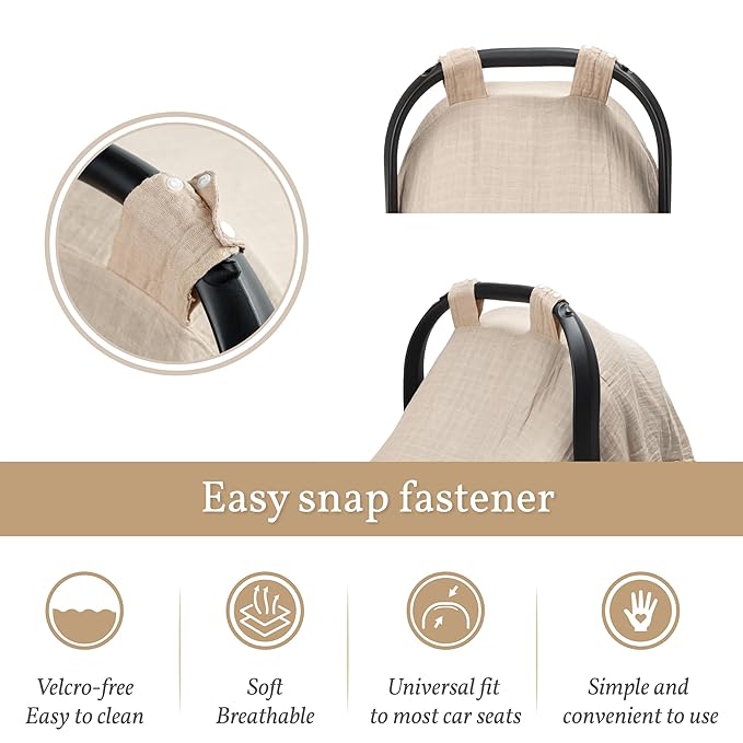 Meracorallo Muslin Baby Car Seat Cover, Lightweight Breathable Soft Infant Carrier Cover Carseat Canopy for Baby Boys and Girls, Beige