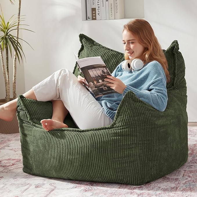 Giant Bean Bag Chair Sofa for Adults Teens, Comfy Corduroy Large Bean Bag Chairs with Armrests for Bedroom Living Room, Adult BeanBag Lazy Sofa Couch Chairs with Filler Included