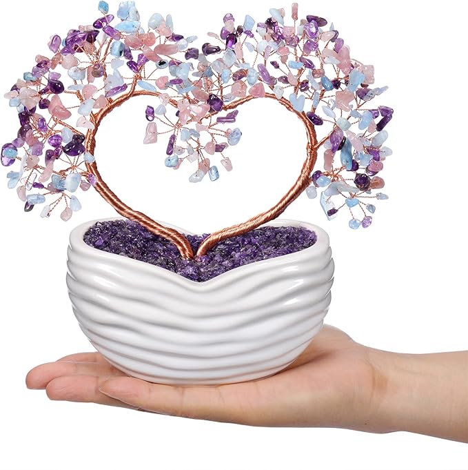 Jovivi Natural Crystal Heart Money Tree Healing Gemstone Bonsai Tree for Wedding Ceremony Reiki Balancing Energy Meditation Feng Shui Wealth & Good Luck Home Indoor Office Decor 7.87"-8.26"