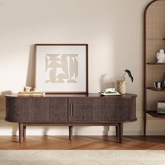 LINSY 58" Fluted TV Stand, Modern Entertainment Center for TVs Up to 65 inches, TV Console with Sliding Doors, Curved Profile Design, Media Console for Living Room, Walnut