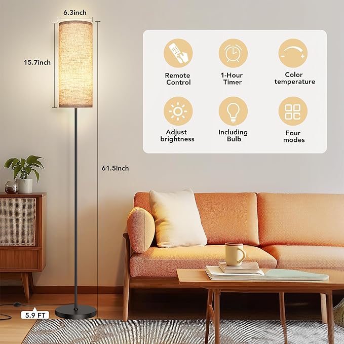 PARTPHONER Modern Floor Lamp with Remote Control - Stepless Dimmable LED Bulb, Adjustable Color Temperature & Brightness, Minimalist Tall Lamp for Living Room, Bedroom, Office, Beige