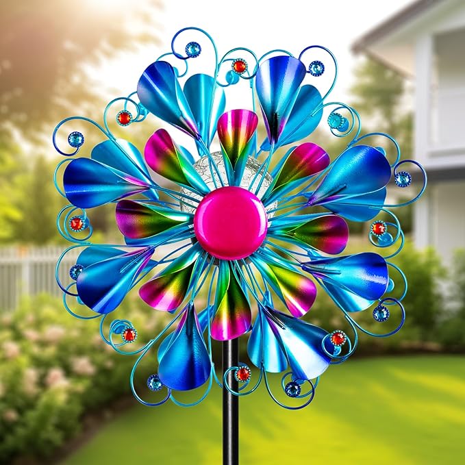 60'' Wind Spinner with Color Glass Ball Solar Lights, Blue Peacock Feathers Metal Garden Outdoor Decor Yard Lawn Art Decor for Patio Kinetic Windmills Unique Gifts for Friends and Family