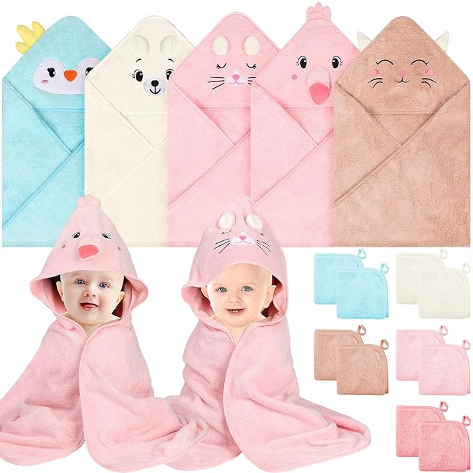 15 Pack Hooded Baby Towels, 5 Packs Soft Baby Bath Towels with Hood for Babies, 10 Packs Baby Washcloths for Newborns, Toddlers, and Kids- Absorbent, Baby Stuff Shower as Best Gifts for Boys and Girls