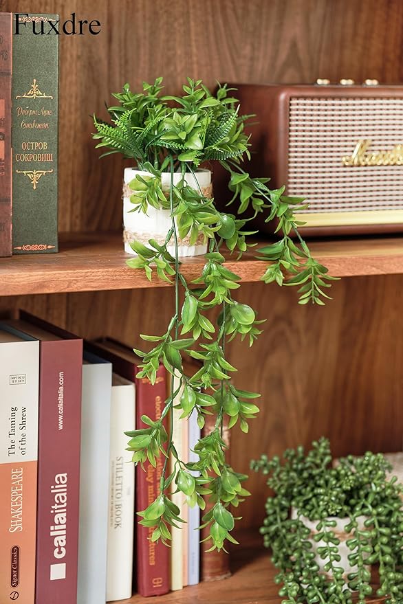 Fake Hanging Plants, 2pcs Artificial Potted Greenery Faux Eucalyptus Vine Fern and String of Pearls in Pot for Home Room Wall Shelf Patio Garden Indoor Outdoor Decor