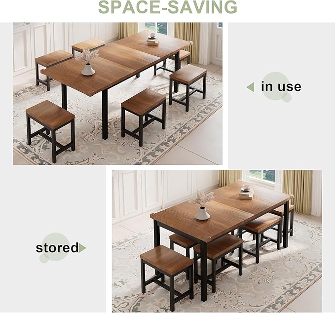 Feonase 7-Piece Dining Table Set with 6 Stools, 63" Large Extendable Kitchen Table Set for 4-8, Mid-Century Dining Room Table with Heavy-Duty Frame & MDF Board, Easy Assembly, Walnut