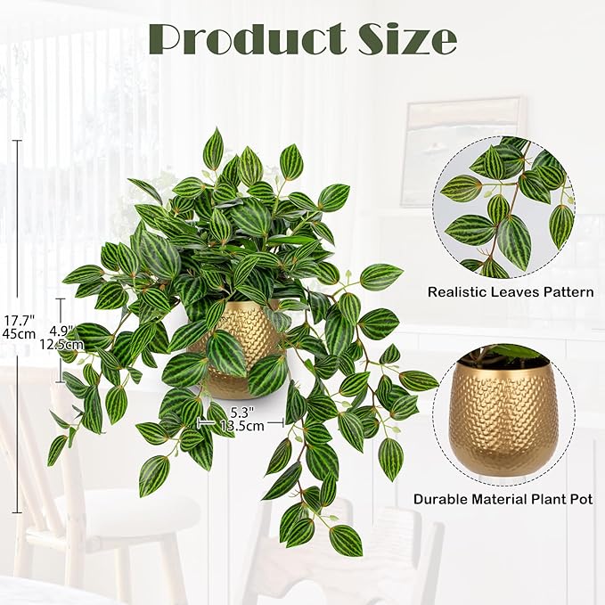 Briful Faux Plants Indoor 17.7in Fake Watermelon Peperomia Plant in Gold Pot with Realistic Silk Green Leaves Artificial Potted Plant for Home Office Table Shelf Desk Modern Room Decor