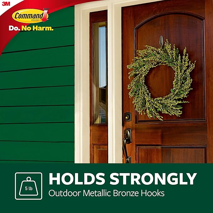 Command Outdoor Large Bronze Hooks, Holds up to 5 lb, 3 Hooks and 4 Command Strips, Damage-Free Hanging Wall Hooks for Hanging Christmas Decorations with Weather Resistant Strips