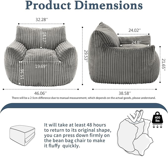 Giant Plush Bean Bag Chair for Adults with Armrests - Oversized Comfy Light Grey Beanbag Lounge Lazy Floor Sofa Accent Chair for Living Room, Bedroom & Dorm, Cozy Fluffy Single Cloud Mini Couch
