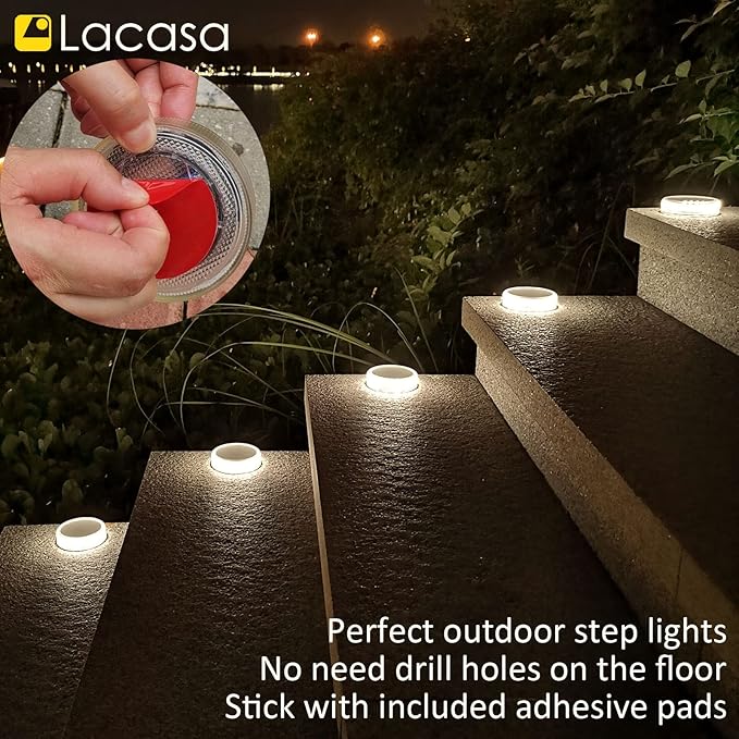 Lacasa Solar Deck Lights, 4 Pack 30LM Outdoor Solar Powered Step Lights, LED Dock Lights Natural White 4000K Light up All Night IP68 Waterproof Auto ON/Off for Garden Stairs Driveway Pathway Lighting