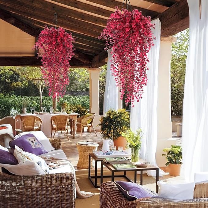 Artificial Hanging Plants Artificial Fall Flowers Faux Autumn Plants Artificial Ferns for Outdoors Hanging Fake Vines Faux Hanging Plants for Fall Decor Indoor Outdoor House Wedding Party(Wine Red)