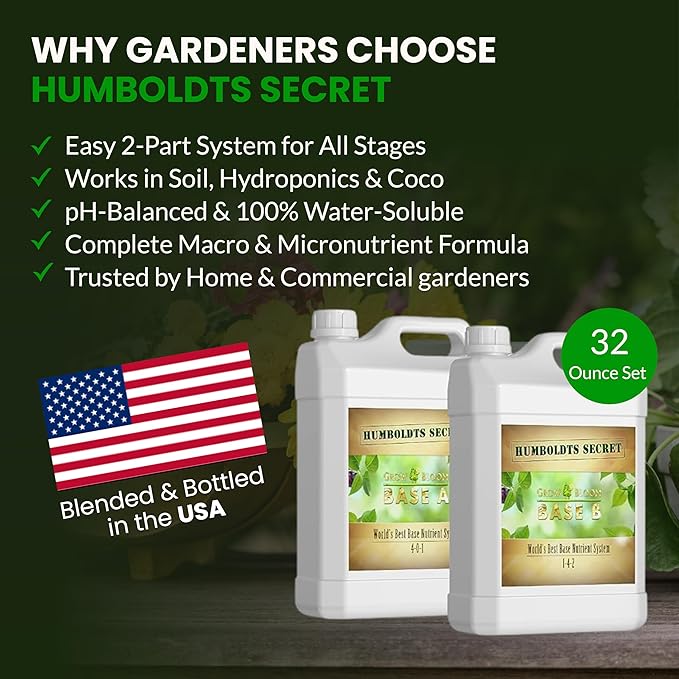 Humboldts Secret Base A & B Liquid Hydroponic Fertilizer | Complete Hydroponic Nutrients for Indoor and Outdoor Plants | Supports Healthy Vegetative Growth and Flowering Stage | 32 Ounce Set