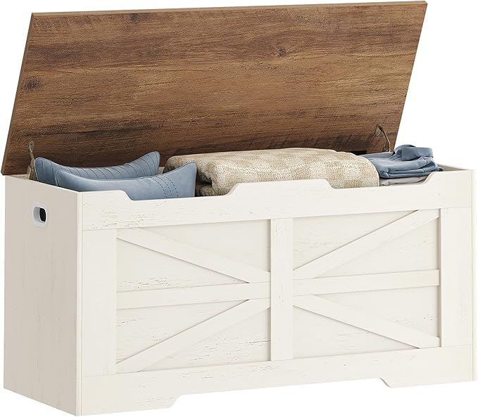 39.4" Storage Chest, Extra Large Storage Trunk with 2 Safety Hinges, Wooden Box Bench, Lift-Top Organizer Chest, Shoe Bench for Entryway, Bedroom, Living Room, White and Brown SB03414X