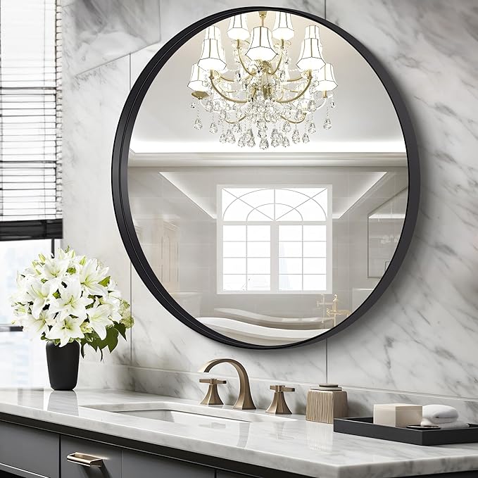 Black Round Mirror 36 inch Deep Frame Circle Mirror, Metal Framed Bathroom Mirror, Round Vanity Mirror, Circle Mirrors for Wall Entryway Bedroom Living Room Hallway