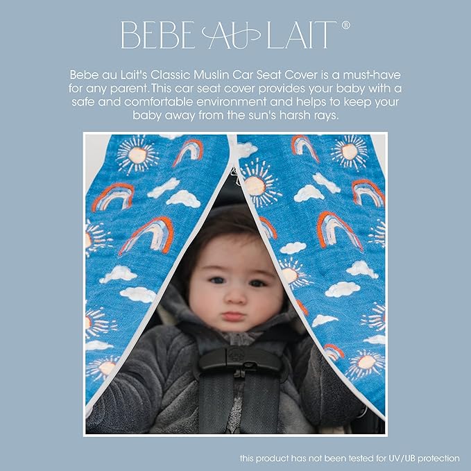 Bebe au Lait Classic Muslin Car Seat Cover -Perfect Baby Car Seat Covers for Babies, Car Seat Canopy, Unisex Baby Car Seat Cover- Easy Snap Straps, Fully Zippered Opening, Breathable- Hello Sunshine
