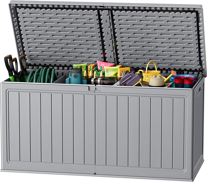 JUMMICO 270 Gallon Outdoor Storage Deck Box with Divider, Double Wall Storage Box with Lockable Lid for Garden Tools, Pools Supplies (Gray)