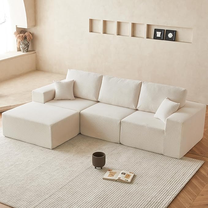 INGEROOM 108" Cloud Sectional Couch, Modular Sectional Sofa with L-Shaped Chaise, Modern Plush Corduroy Couch for Living Room Bedroom, No Assembly Required, Deep Seating（Beige）