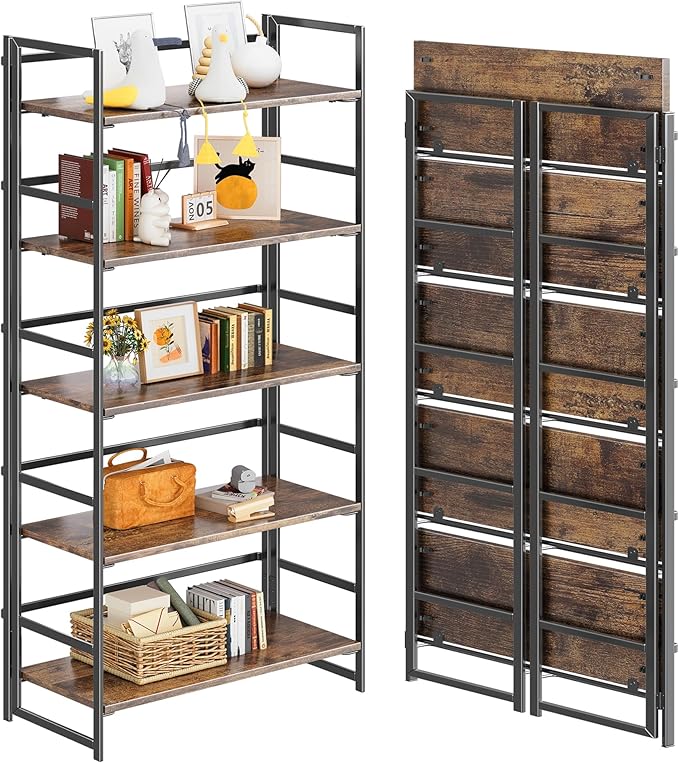 4NM No Assembly 5 Tiers Book Shelves, Black Folding Bookshelf Bookcase Open Industrial Foldable Shelves for Bedroom, Living Room, Home Office - Rustic Brown Black