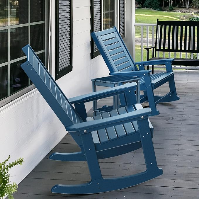 GREENVINES Outdoor Rocking Chairs | Set of 4 | Porch Rocker | HDPE Plastic | Blue | Oversized Rockers | High Back | Big & Tall | Ladder Back | for Patio Outside Backyard Balcony Garden