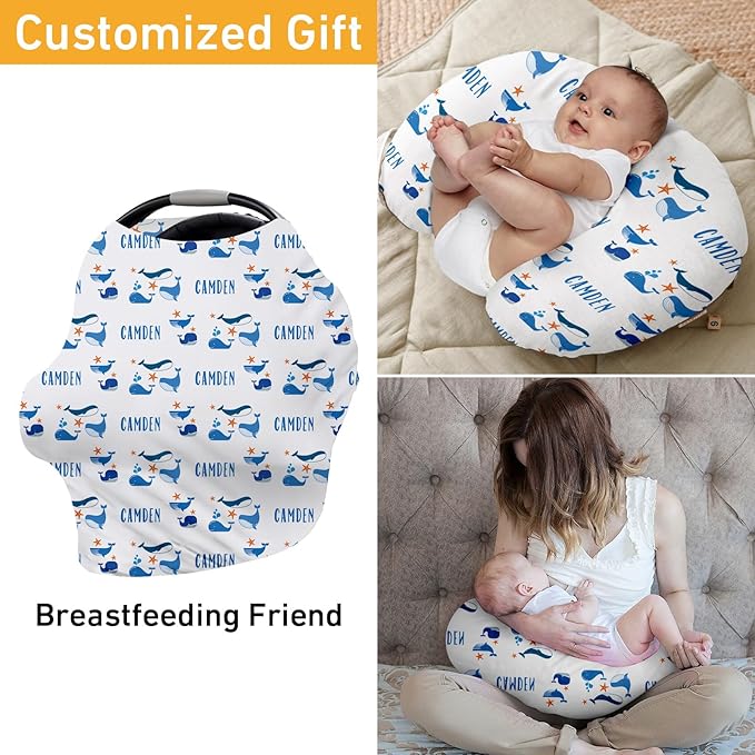 Personalised 7 in 1 Car Seat Cover for Girls and Boys - Multipurpose Breast Feeding Cover, Blue Whale Print Nursing Cover, Grocery Cart Cover - Birthday Gift for Babies(27"x29")