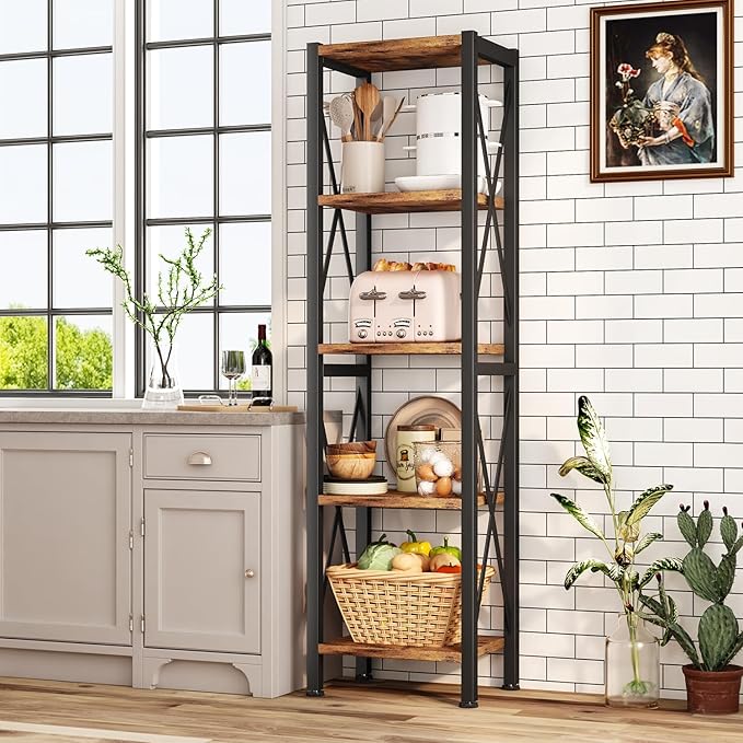 Homeiju 5-Tier Narrow Bookshelf, Ladder Bookshelf, Tall Bookshelf for Bedroom with Open Shelves, Office Bookshelf, Industrial Standing Bookshelf for Bedroom, Living Room and Home Office
