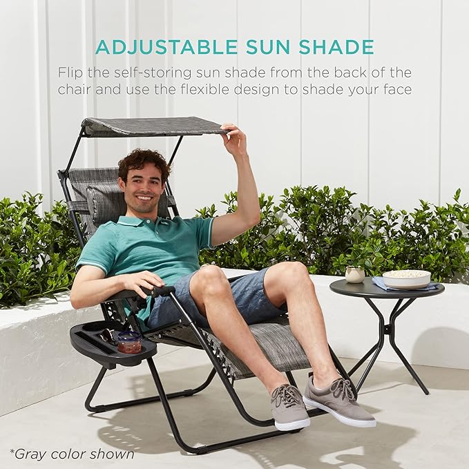 Best Choice Products Folding Zero Gravity Outdoor Recliner Patio Lounge Chair w/Adjustable Canopy Shade, Headrest, Side Accessory Tray, Textilene Mesh - Ivory