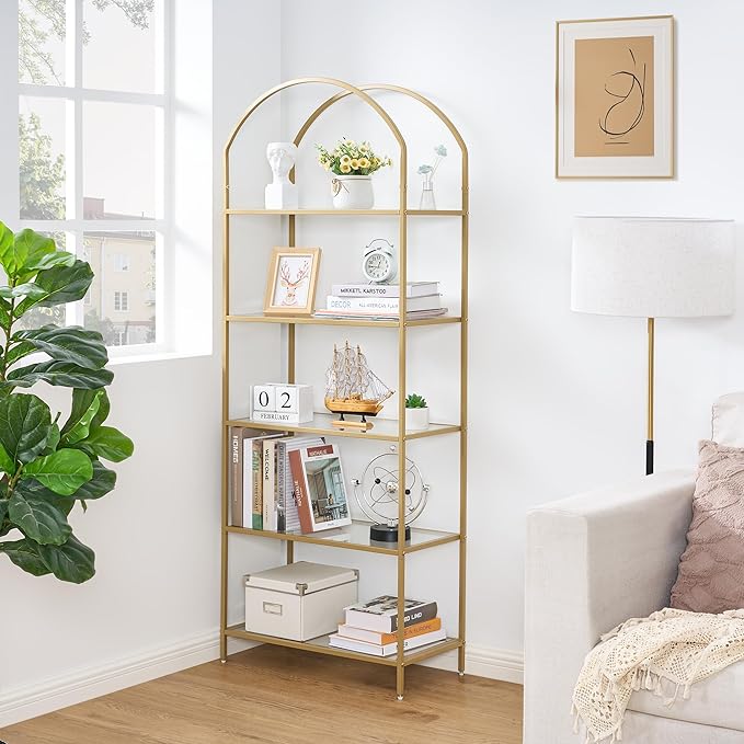 Homhedy Bookshelf Arched Display Racks,Metal Bookcase,Tempered Glass Shelves,Storage Rack Shelf for Home Office,Living Room,Bedroom, Bathroom,Modern Style (Golden, 11.8" D x 23.6" W x 62.2" H)