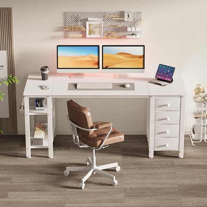 Lufeiya White Computer Desk with Fabric Drawers & Storage Shelves, 55 Inch Study Work Writing Desk for Home Office Bedroom, Simple Modern Cute PC Desks Table, White