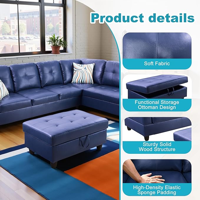 Couches for Living Room PU Leather L Shaped Couch Comfy 3 Pieces Sectional Sofa with Chaise, Ottoman with Storage for Office and Small Apartment, Blue