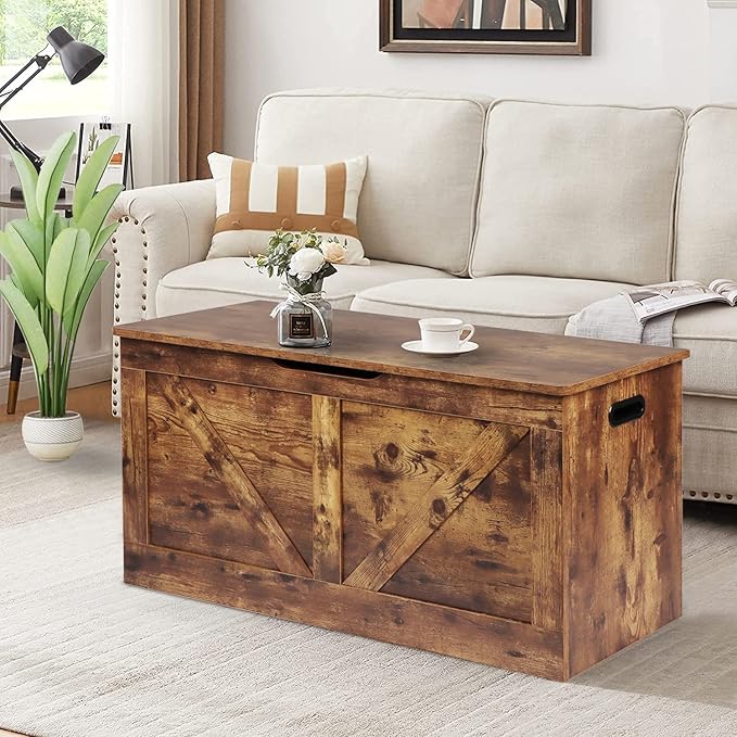 39.4" Storage Chest, Wooden Storage Bench, Large Storage Trunk with 2 Safety Hinges, Entryway Shoes Bench for Living Room, Bedroom, Rustic Brown