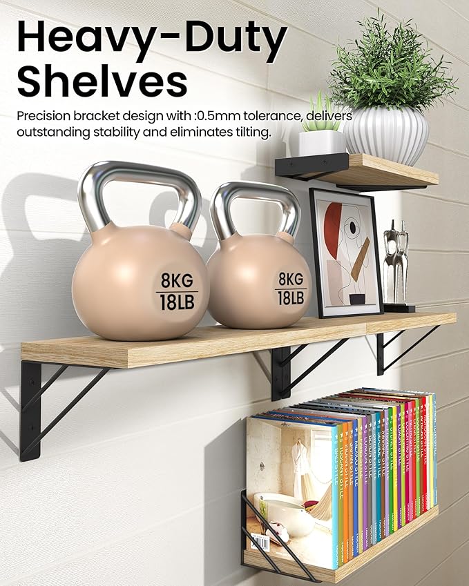 BAYKA Wall Shelves for Bedroom Decor, Floating Wall Shelves for Living Room Kitchen Storage, Wall Mounted Rustic Shelves for Kids Books, Corner Shelf for Bathroom(Carbonized Brown,Set of 4)