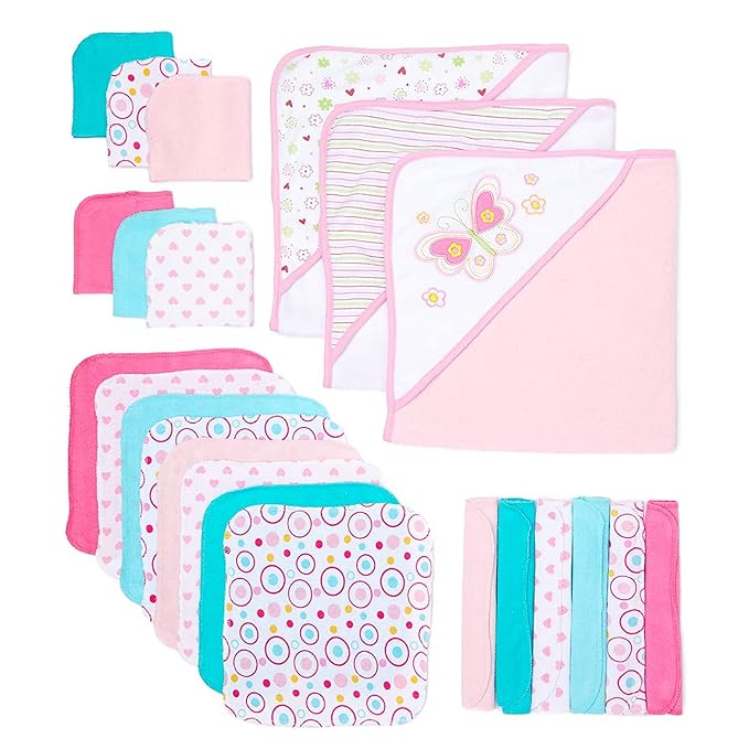 Spasilk Bath Hooded Towels & Washcloths Set for Babies, 23-Piece Gift Set, White Butterfly
