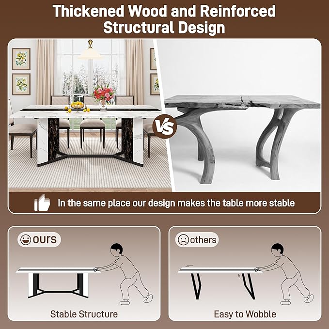 71 inch Dining Table for 4 5 6 | Modern White&Black Rectangular Kitchen Table W/Waterproof Wood Tabletop,Farmhouse Long Dining Room Tables W/Adjustable Legs&Wood Strip Base for Kitchen Living Room