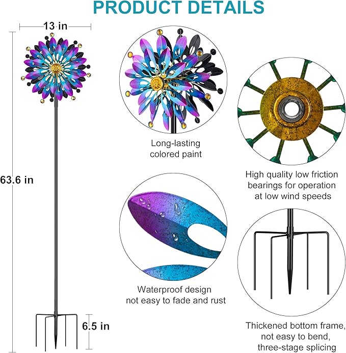 Metal Wind Spinner Outdoor - 63 inch Large Double Kinetic Art Garden Wind Sculpture & Spinners 360° Dual Direction Swivel Waterproof Windmill for Yard Patio Lawn Decoration