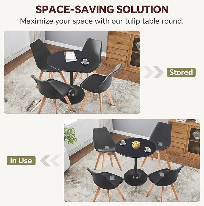 Small Space 27.5 Inch Black Round Tulip Dining Table - Modern Pedestal Base Kitchen Table for 2-4 People - Easy Assembly & Easy to Clean
