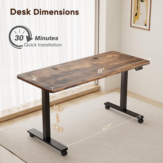 Monomi 55" Electric Standing Desk,Height Adjustable Home Office Sit Stand Up Computer PC Table,Tall Standup Workstation, Gaming Writing Study Bedroom Rising Desks,Brown